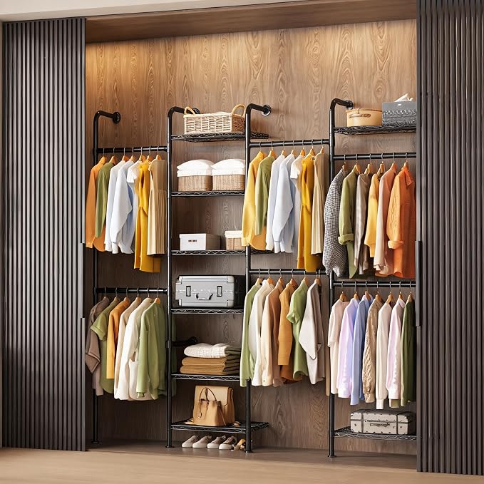Garvee L4 Wall Mounted Pipe Closet System, Matte Black | Carbon Steel, Expandable Rods 23.62-35.43 in, 8 Wire Shelves, Closet Storage