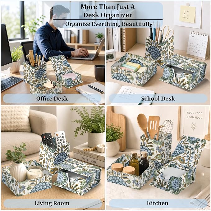 Ridhi Asparagus Green Block Print Handmade Office Desk Organizer Pen and Sticky Note accessories Holder Cute, Aesthetic, Decor workspace Caddy Gift for Office, Teachers, Professionals, Students