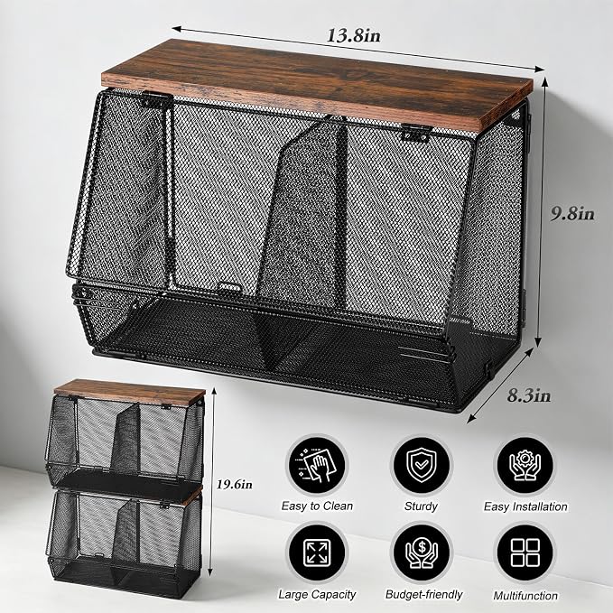 Teenyyou 2 Pcs Stackable Mesh Fruit Basket with Lid Wall Produce Vegetable Storage Basket Onion Potato Hanging Metal Wire Container for Kitchen Counter Pantry (Divided,Black,8.3"w & 13.8"L)