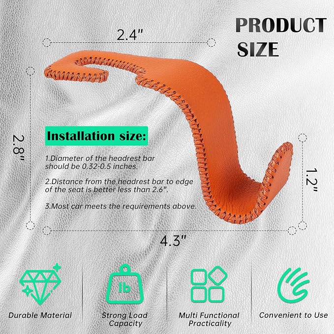 Amooca Car Seat Headrest Hook Universal Vehicle Storage Hanger Leather with Metal Car Seat Back Organizer for Handbag Purse Coat Orange 4 Pack
