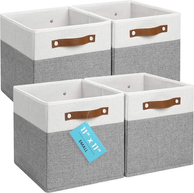 OrganiHaus 11x11 Cube Storage Bins, Set of 4 - Fabric Storage Cubes | Sturdy, holds its shape; odor-free; fits ClosetMaid 11-inch shelves; vegan leather handles