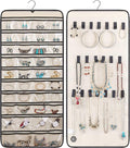 MISSLO Dual-sided Hanging Jewelry Organizer with 40 Pockets and 20 Hook & Loops Closet Necklace Holder for Earring Bracelet Ring Chain with Rotating Hanger, Beige