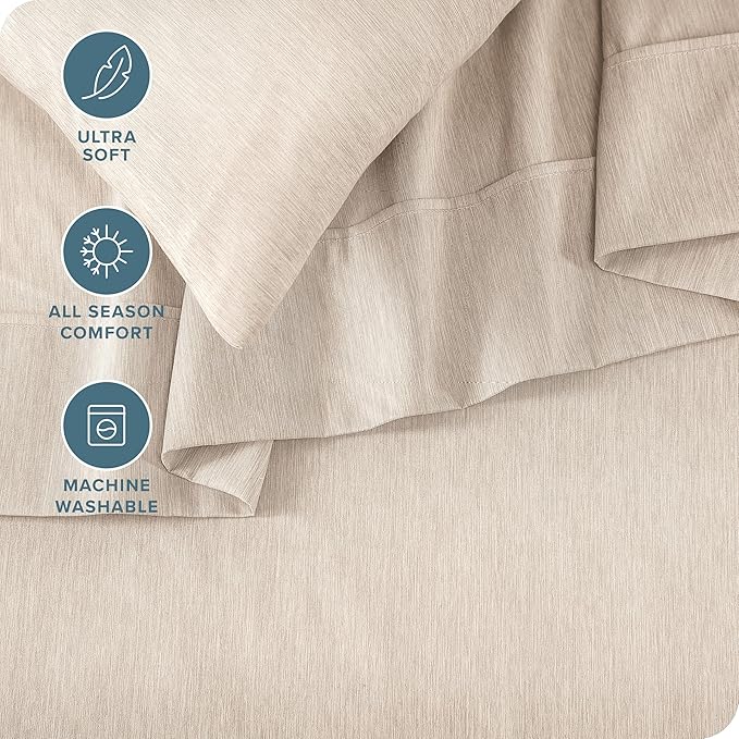 Bare Home Queen Sheet Set - Luxury 1800 Ultra-Soft Microfiber Double Brushed - Deep Pockets - Easy Fit - 4 Piece Set - Bedding Sheets & Pillowcases (Queen, Heathered Pebble)