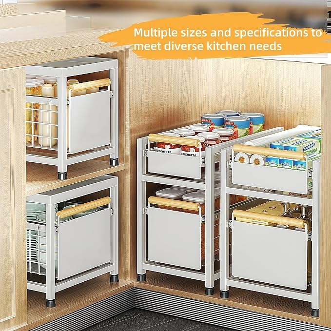 Pull Out Cabinet Organizer, Pull Out Basket Drawers for Cabinets, Slide Out Basket Drawers for Kitchen Cabinets, Under Sink Organizer for Kitchen, Bathroom (Grey Medium Single-tier)