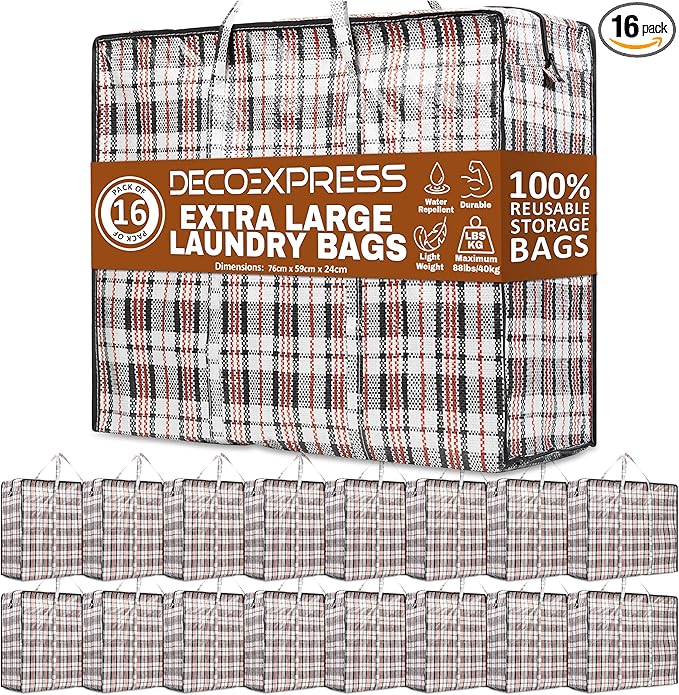 16 Pack Heavy Duty Moving Bags with Strong Zipper & Carrying Handles, 107L/ 28 gal Large Durable Clothes Storage Totes, 88 lbs Packing Moving Boxes, Closet Organizers and Storage (29.9x23.2x29.4 IN)