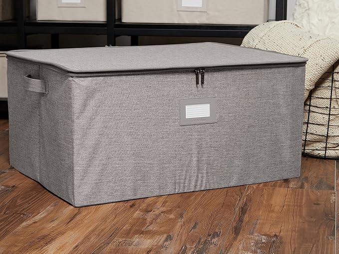 Covermates Keepsakes Zip-Top Storage Box Set, 3 Pack Heavy Duty Polyester Organizer Bins, Stackable Design, ID Window, Reinforced Handles, Closet Home Storage, Grey Heather