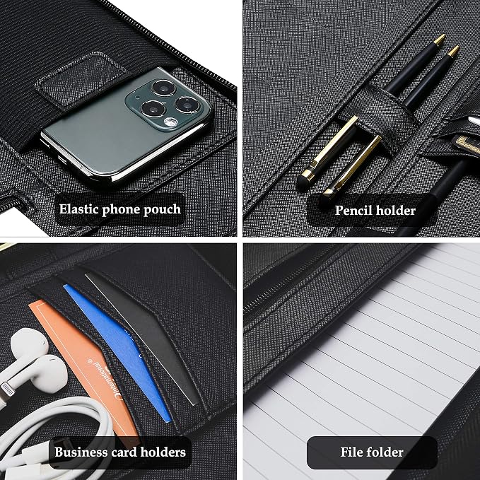 ProCase Portfolio Business Padfolio Folder with Zipper -Black | Conference Meeting Executive File Legal Document Organizer with Pockets Letter Size A5 Writing Pad Notepad Padfolio