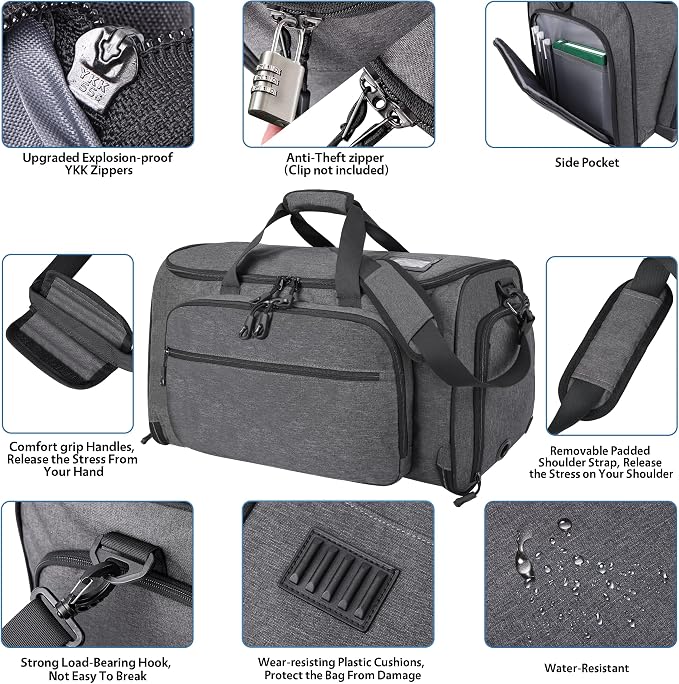 HILOMON Garment Duffle Bags for Travel, YKK Zippers Carry On Convertible Suit Bag with Waterproof Compartment & Shoe Compartment & Shoulder Strap