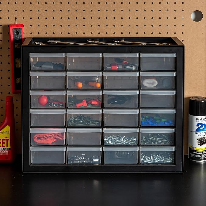IRIS USA 24-Drawer Plastic Storage Organizer, Made in USA, Teacher Toolbox, Multi Drawer Cabinet For Garage Tools Beads Balloons Building Bricks Crafts Stickers Small Business Scrapbook Art, Black