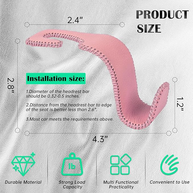 Amooca Car Seat Headrest Hook Universal Vehicle Storage Hanger Leather with Metal Car Seat Back Organizer for Handbag Purse Coat Pink 2 Pack